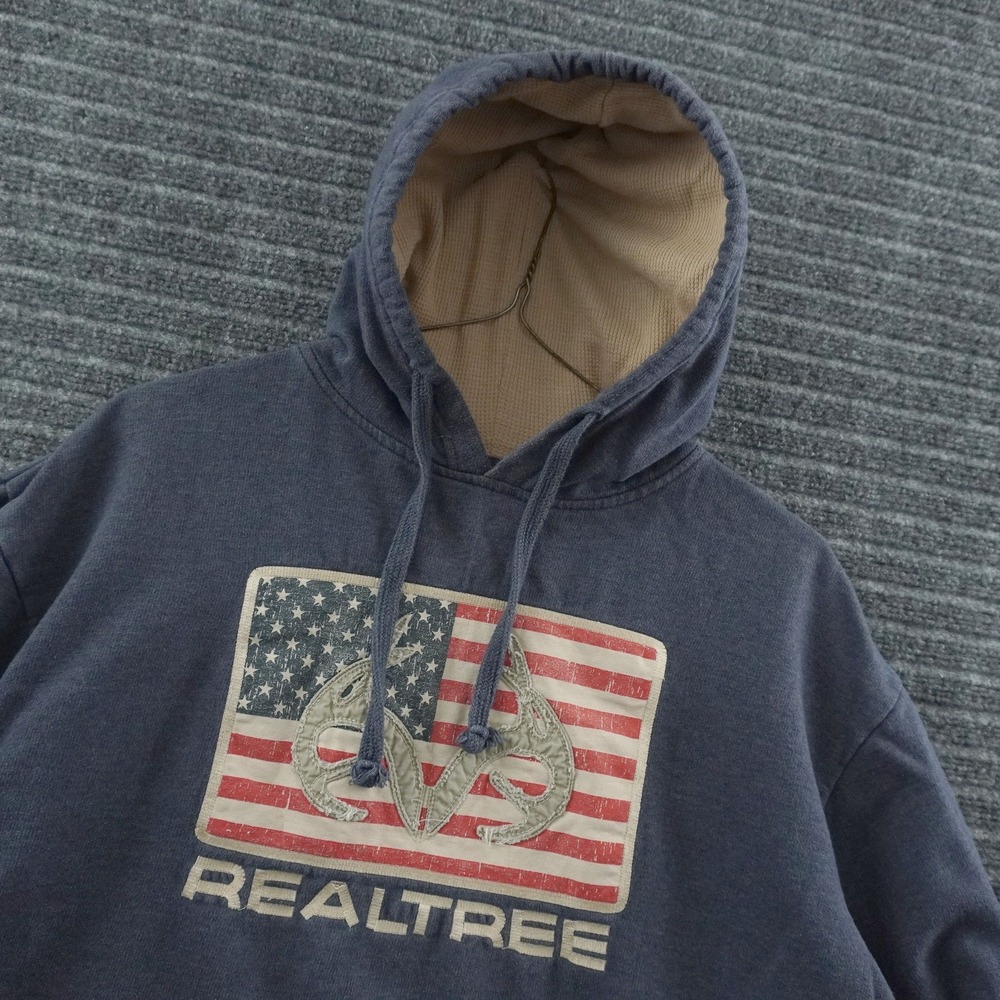 Vintage Realtree Hoodie Mens XL Blue American Flag Logo Pullover